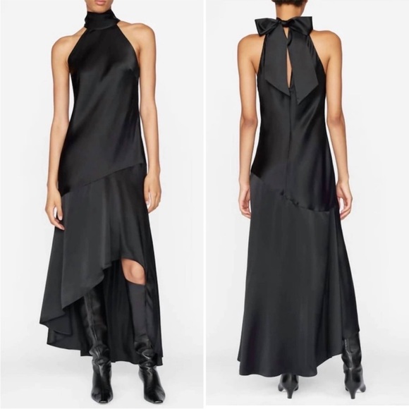 Frame Silk Dress draped neck tie halter asymmetrical blacksize XS